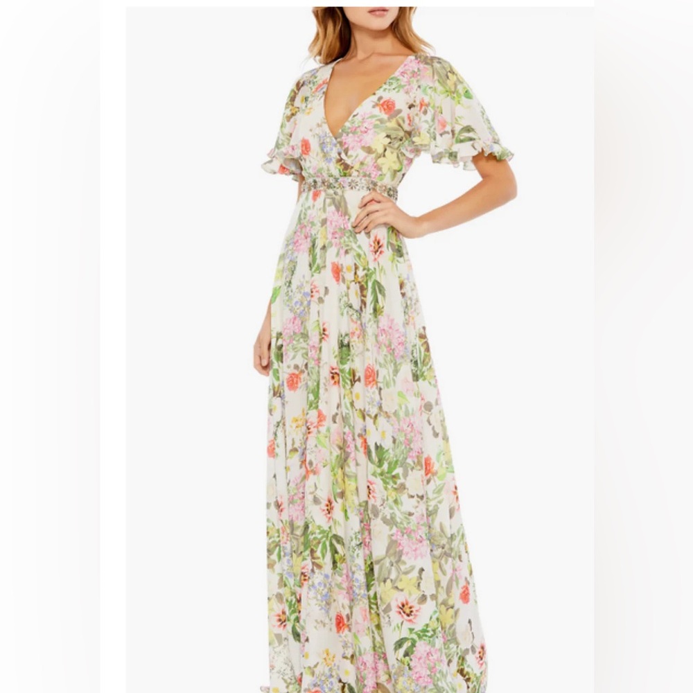 Mac Duggal Multicolor Floral Dress with Embellished Waist